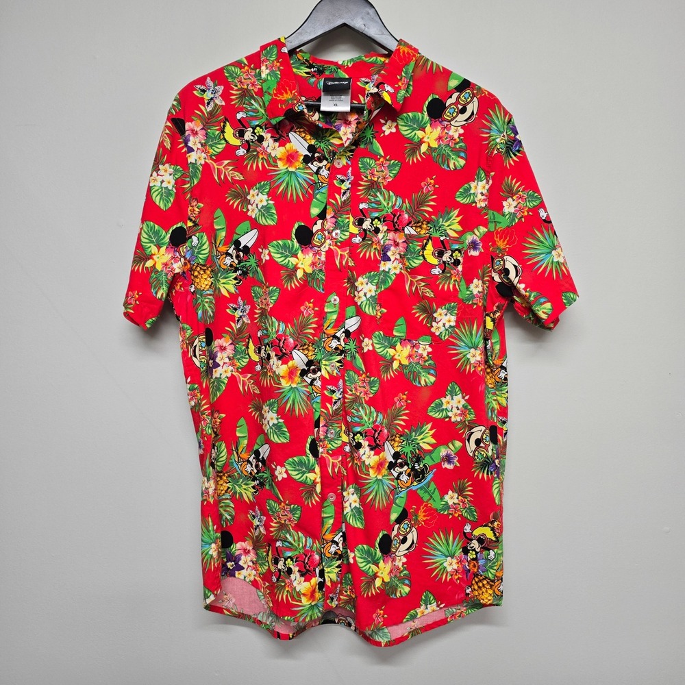 Disney Mickey Mouse Shirt Mens XL Red Tropical Hawaiian Surfing Aloha Vacation